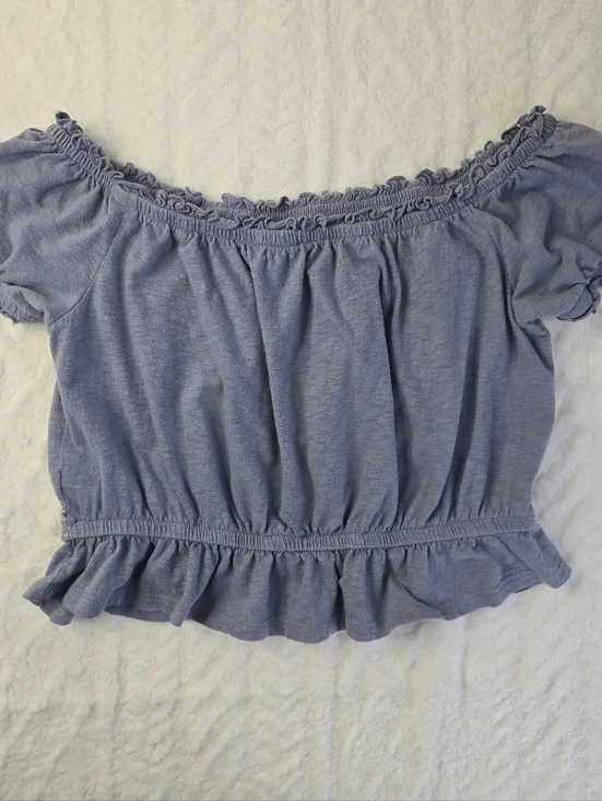 American Eagle Crop Top Blue Embroidered Floral Off Shoulder Short Sleeve M - Picture 4 of 12